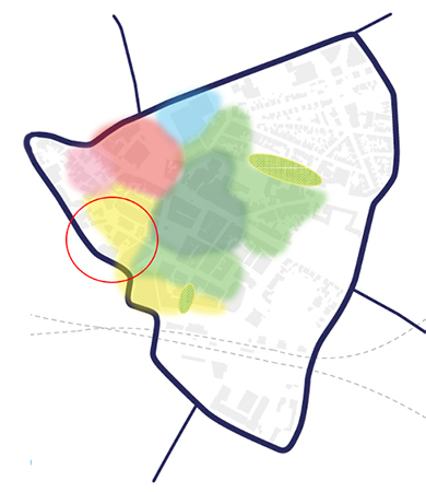 Kaartje van Hengelo met daarin de buurten die we gaan onderzoeken in kleur