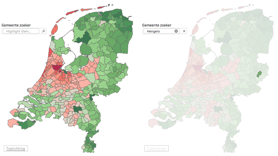 Dit is een kaart van Nederland met de gemeentezoeker. Je selecteert een plaats en dan wordt alleen die plaats getoond, de rest vervaagd.