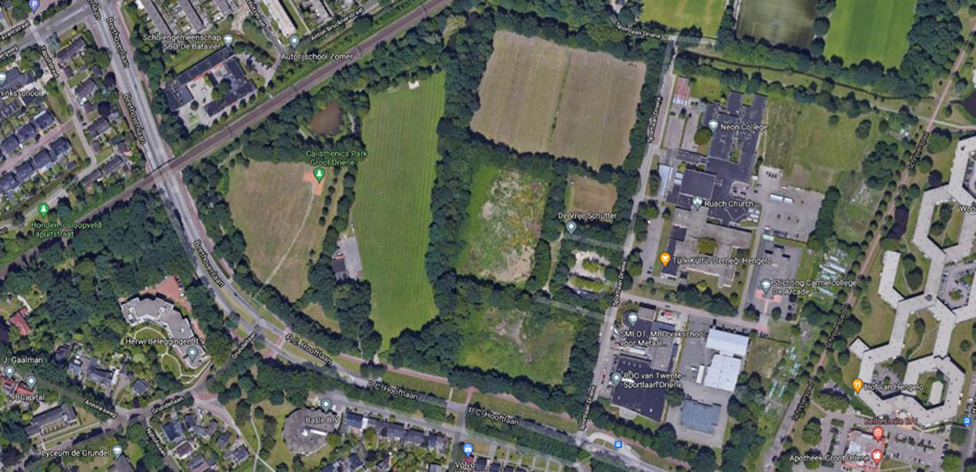 Kaart van de locatie Sportlaan Driene in Hengelo waar de gemeente Hengelo tijdelijke woonunits wil plaatsen.