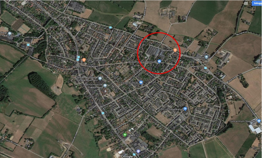 De locatie van de voormalige buizenfabriek is rood omcirkeld op de plattegrond van Silvolde