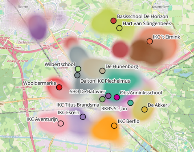 In deze heatmap zijn de verzorgingsgebieden van de basisscholen opgenomen.